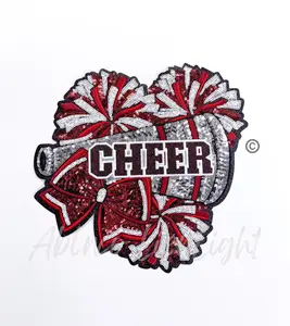 Maroon Cheer Bow Megaphone Poms  Sequin Patch - Large