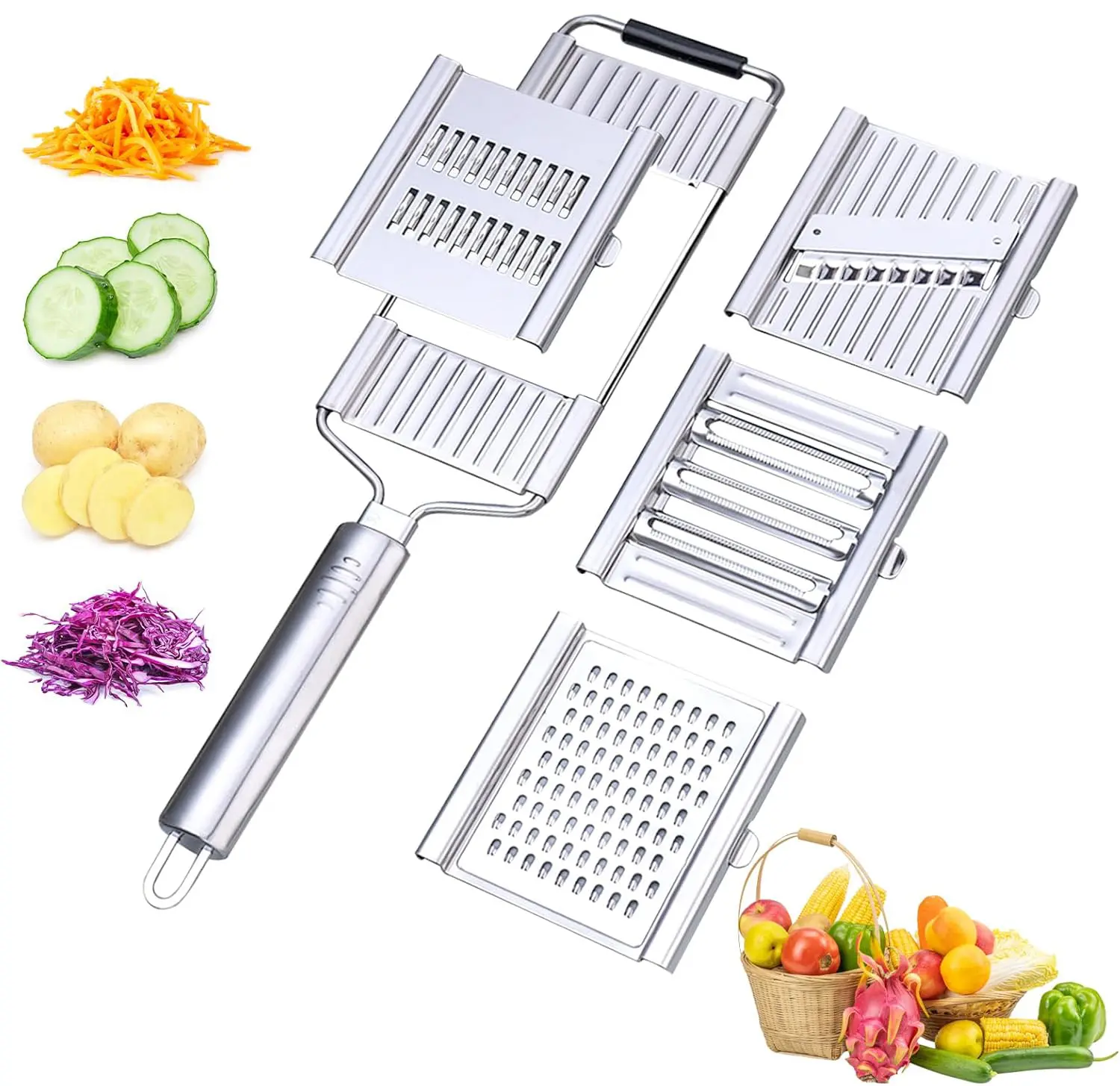 ​​Stainless Steel 4 in 1 Multi-Purpose Vegetable Slicer - Handheld Cheese Grater & French Fry Cutter with 4 Adjustable Blades! TikTok Kitchen Gadget for Various Vegetables, Christmas Gift & Utensils Food Kitchenware​​