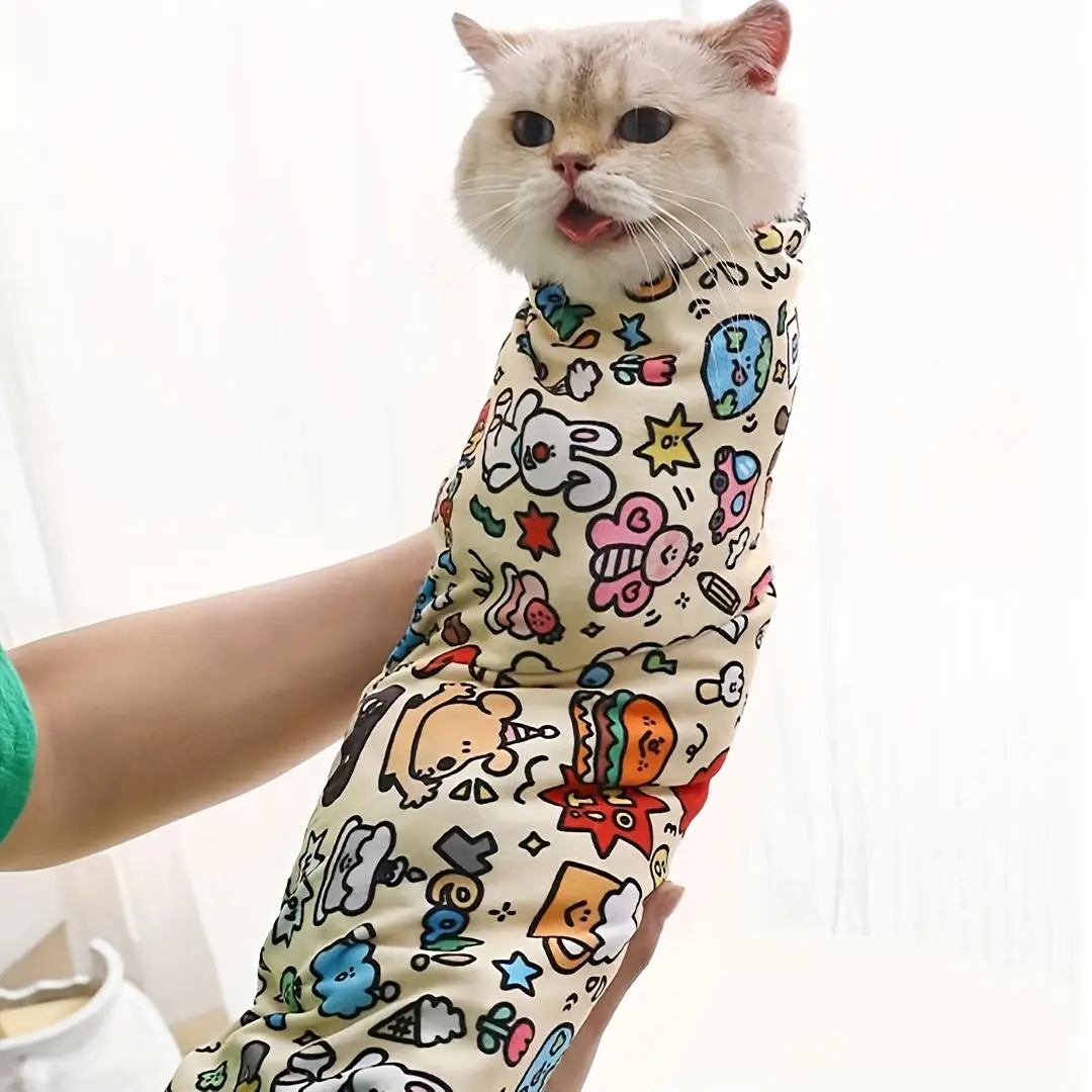 Cartoon Cat Print Pet Grooming Wrap, Soft Polyester Pet Protection Sleeve for Medication & Cleaning, Scratch-resistant Bath Cover for Cat and Small Do
