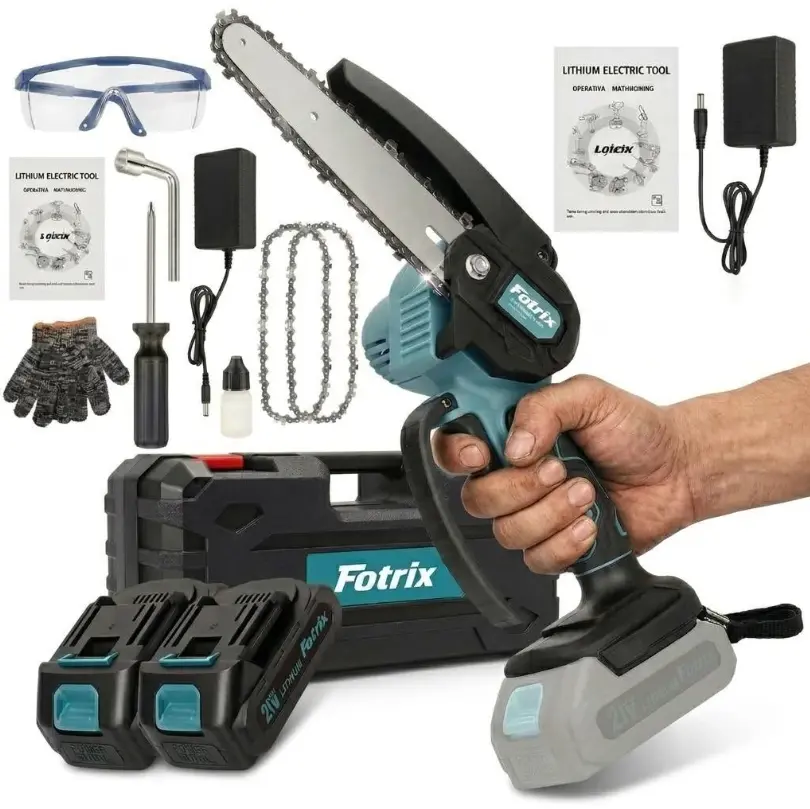 Mini chainsaw, 21V cordless 6-inch handheld electric chainsaw with two lithium batteries, lightweight battery-powered model with safety lock for pruning trees and cutting wood—an ideal gift for fathers, dads, husbands, and men. Heavy Duty