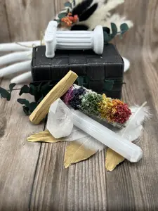 Large Natural Selenite massage wand & Wildflower Sage smudge bundle, Genuine Selenite for healing, protection, massage and chakra cleansing, sage & Palo Santo for clearing energy blocks and metaphysical protection, home cleansing Smudge bundle