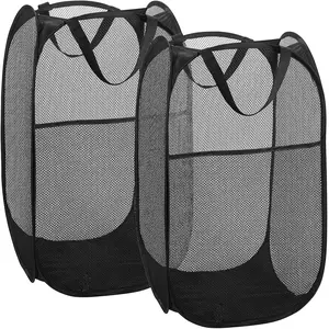 LMMAKE Handy Laundry Collapsible Mesh Pop Up Hamper with Wide Opening & Side Pocket Breathable Sturdy Foldable Space Saving Design for Clothes Storage Black