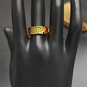 Ruby(11283)gc.Regal Blossom Ring - Ornate Gold Ring with Fiery Red Rubies & Filigree Detail