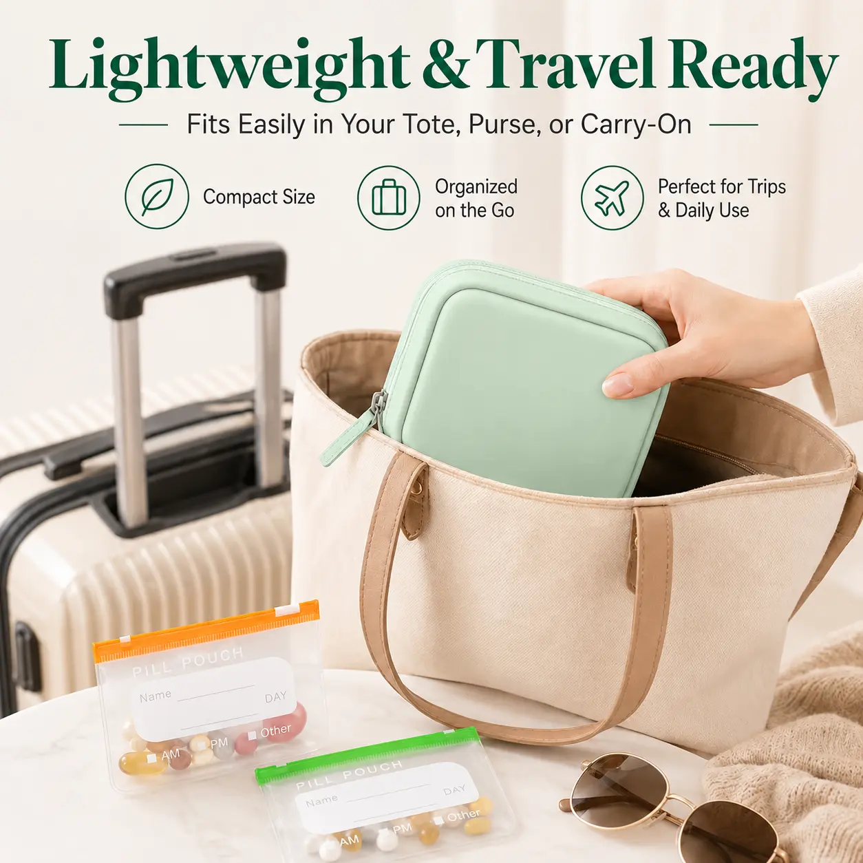 Travel Pill Organizer Set - 14 Reusable Color-Coded Pouches, Lightweight Compact Portable Medicine Storage Case for Vitamins, Supplements
