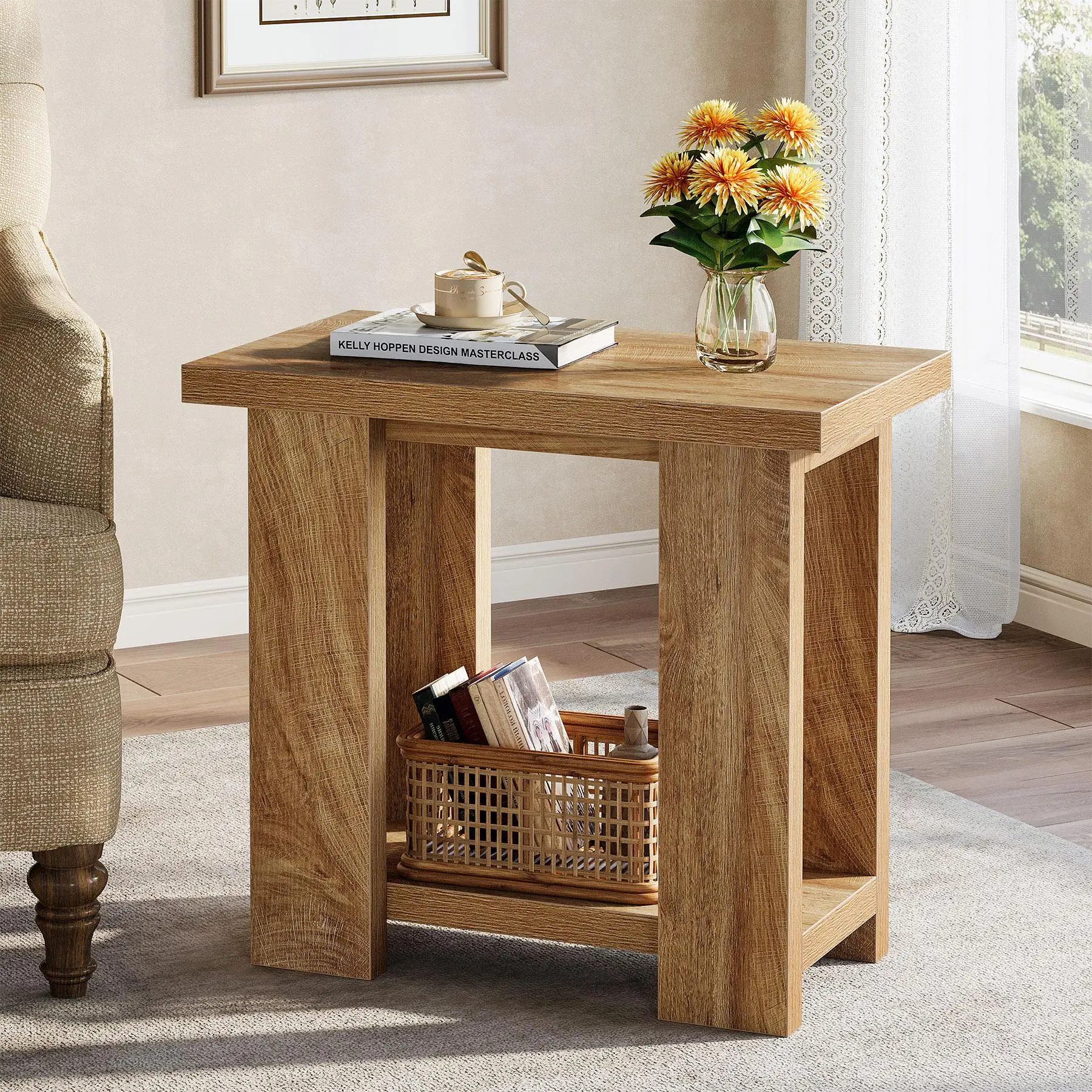 TRIBEWOOD 2-Tier Rustic Narrow End Table - Space Saving Indoor Furniture for Small Spaces, Functional Storage, Daily Use Living Room/Bedroom Tables & Desks, Assembly Required
