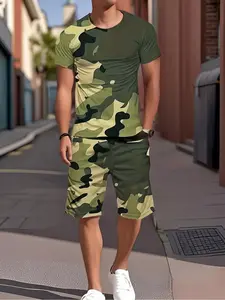 Men's Camouflage Pattern 3D Digital Printed Set - Black & Gray, Comfortable Polyester Short-Sleeved T-Shirt & Shorts, Machine Washable, Summer Style Clothes Menswear Suits Top
