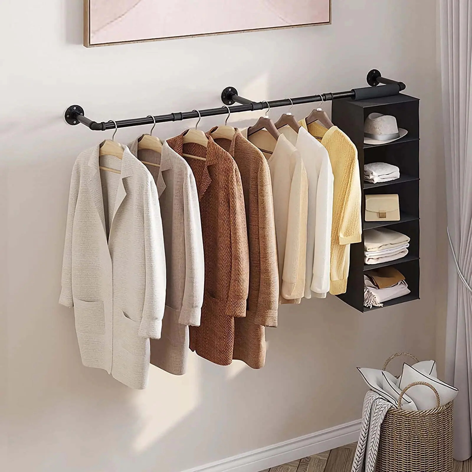 SICANDAENHK 72in Wall-Mount Metal Industrial Iron Pipe Shelf Hanger - Adjustable, Hangable, 10-15Kg Capacity Off-Ground Laundry Drying Rack Organiser, Easy Installation Home Supply for Small Apartments, Display Shelf for Living Rooms, Office Garment Rack
