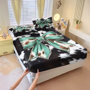 3 Pcs Mint Green Bow Printed Fitted Sheet Set, Cow Pattern Bedding Set, Soft and Durable Ultra-Fine Fiber Bed Cover, Microfiber Bed Sheets, Suitable for Room Decoration, Includes Two Pillowcases (Excluding Pillow Core)