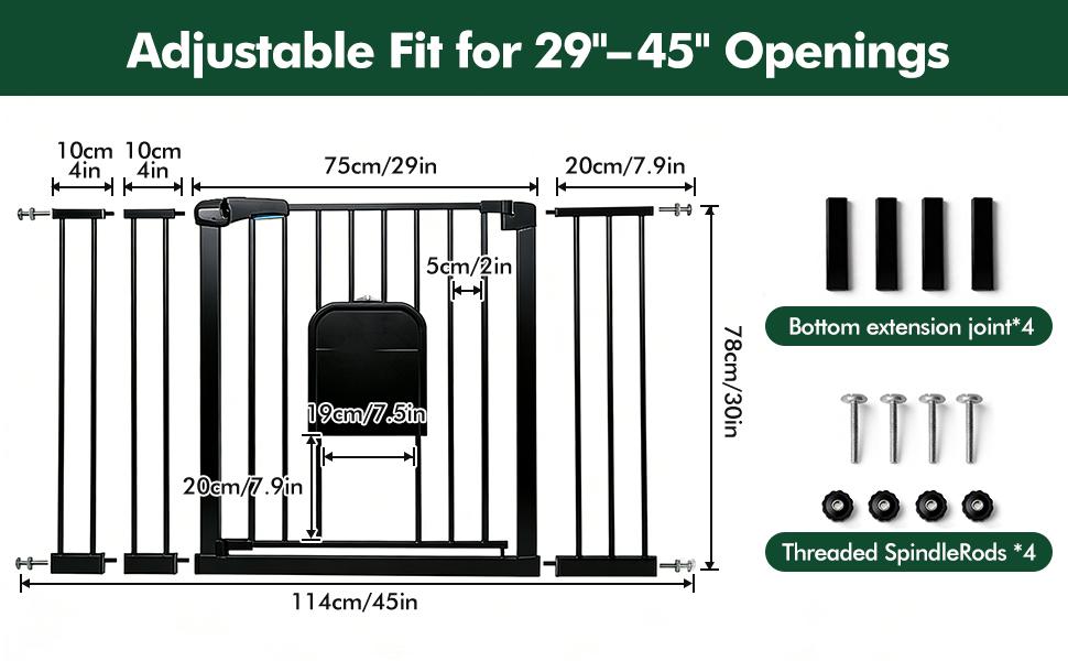 Adjustable Pet Gate with Cat Door, Auto-Close Pressure-Mounted Safety Gate for Doorways & Stairs – Ideal for Multi-Pet Homes (29–45 Inches, White/black)