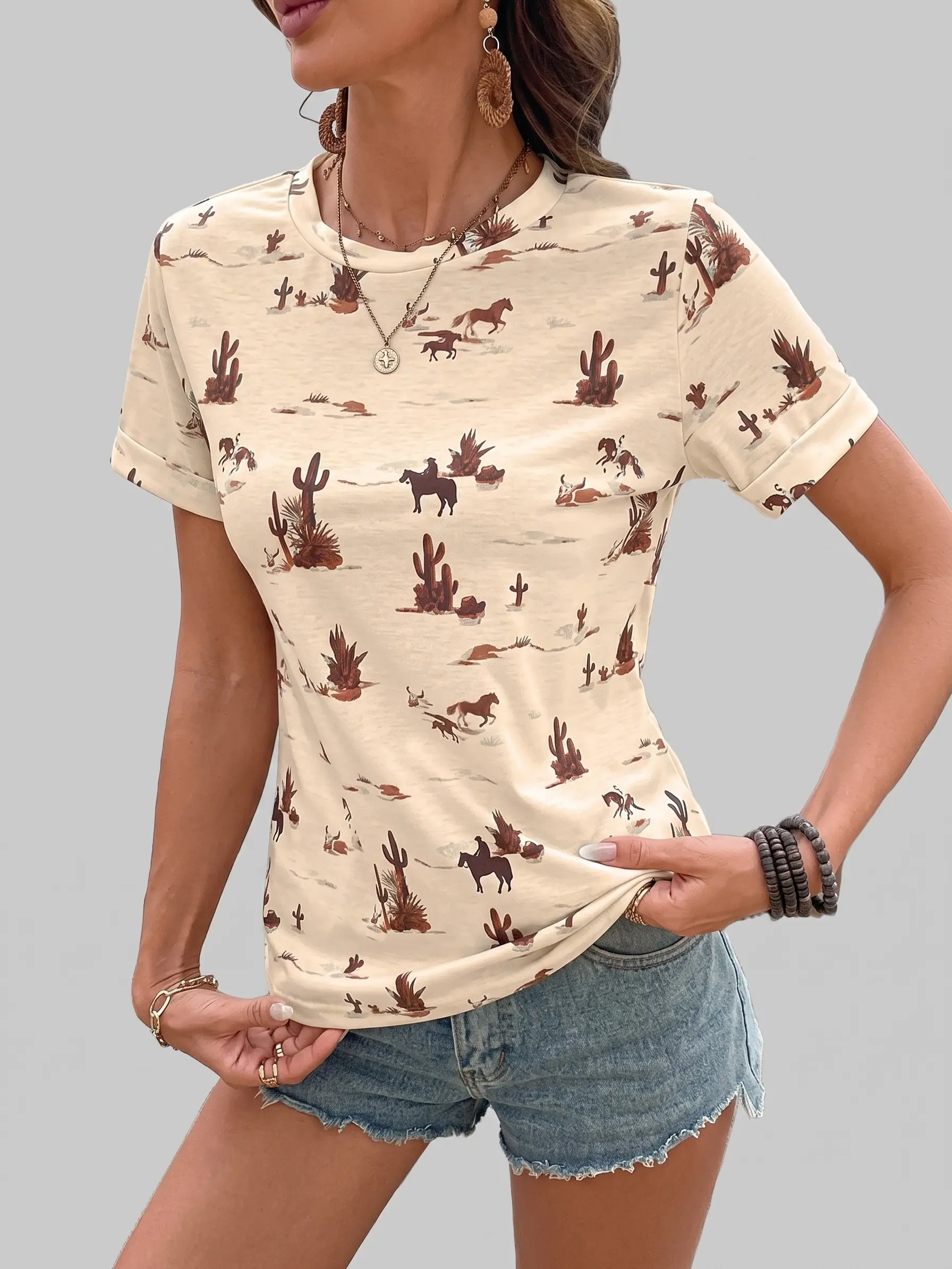 Shewin Women's Vintage Western Cactus Print Slim-Fitting T-Shirt - Casual Stretch Knit Pullover Tops with Round Neck, Rolled Short Sleeves, Shortsleeve, Fitted,back to school,back to school shopping, Western Tops