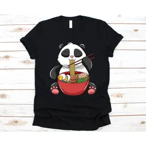 Women's panda eating ramen Graphic T-Shirt - Short Sleeve Crew Neck Regular Fit Casual Wear | Soft & Breathable Fabric, Durable Print, Everyday Comfort, Machine Washable, cartoon cute panda character enjoying a bowl of ramen with chopsticks