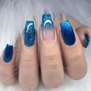 Medium Coffin Press-on Nails, Blue Ombre, Glossy Glue, Sparkly Acrylic, Bling Glitter Artificial, Ballerina False Nails with Design - 24 pcs