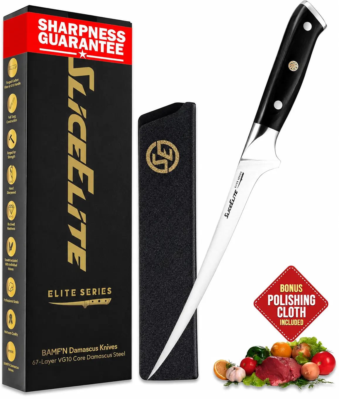 SliceElite Slice Series 7.5 Inch Fillet Knife High Carbon German Stainless Steel Boning Utility Tool Pakkawood Handle Flexible Skinning Chef Fishing Sharp Meat Cutting BBQ Kitchen Gift Precision Blade