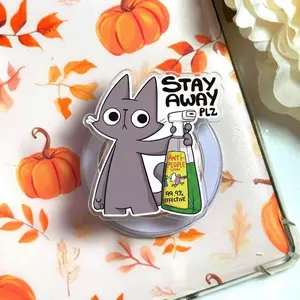 Funny Stay Away Plz Anti-People Spray Cat Phone Grip Clear Acrylic Griptok - Aesthetic Introvert Humor Cute Kitten Cell Phone Stand Holder, Relatable Anti-Social Purple Cat Smartphone Ring Accessory