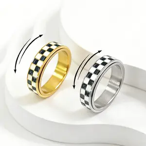 2026 Trending Unisex Stainless Steel Ring, Fashion Street Style with Black-White Plaid Rotatable Surface, Stress-Relieving Lazy Style Jewelry, Ideal Couple Gift for Daily Outfits & Styling