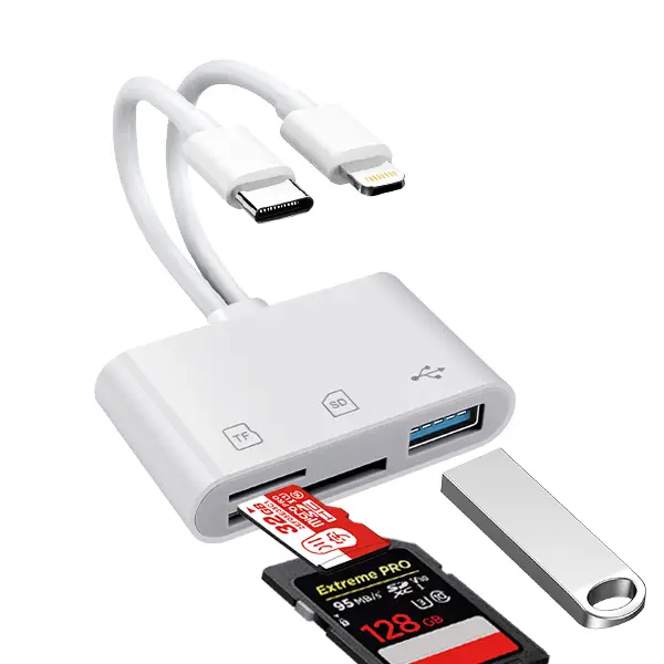 5-in-1 SD Card Reader for iPhone,iPad,Android – Dual USB-C & Lightning Adapter, Supports SD/MicroSD/USB 3.0, Fast Transfer, Plug & Play, No App Needed