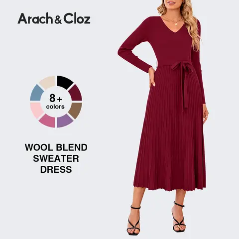 Arach&Cloz Women's Soft Knit Belted Midi Dress Pleated Waist Winter Outfit 2026 Casual Womenswear