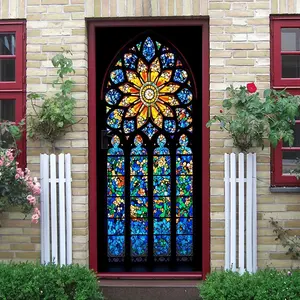 2pcs Stained Glass Style Decorative Wall Stickers Self Adhesive Window Decals Church Pattern Art Mural for Living Room Bedroom Static Cling No Glue Removable Glass Film Opaque Translucent Window Decor