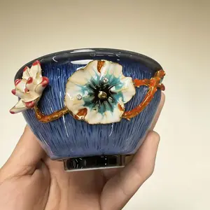 Indigo Floral Branch Handcrafted Ceramic Tea cup – Artisanal Jianzhan