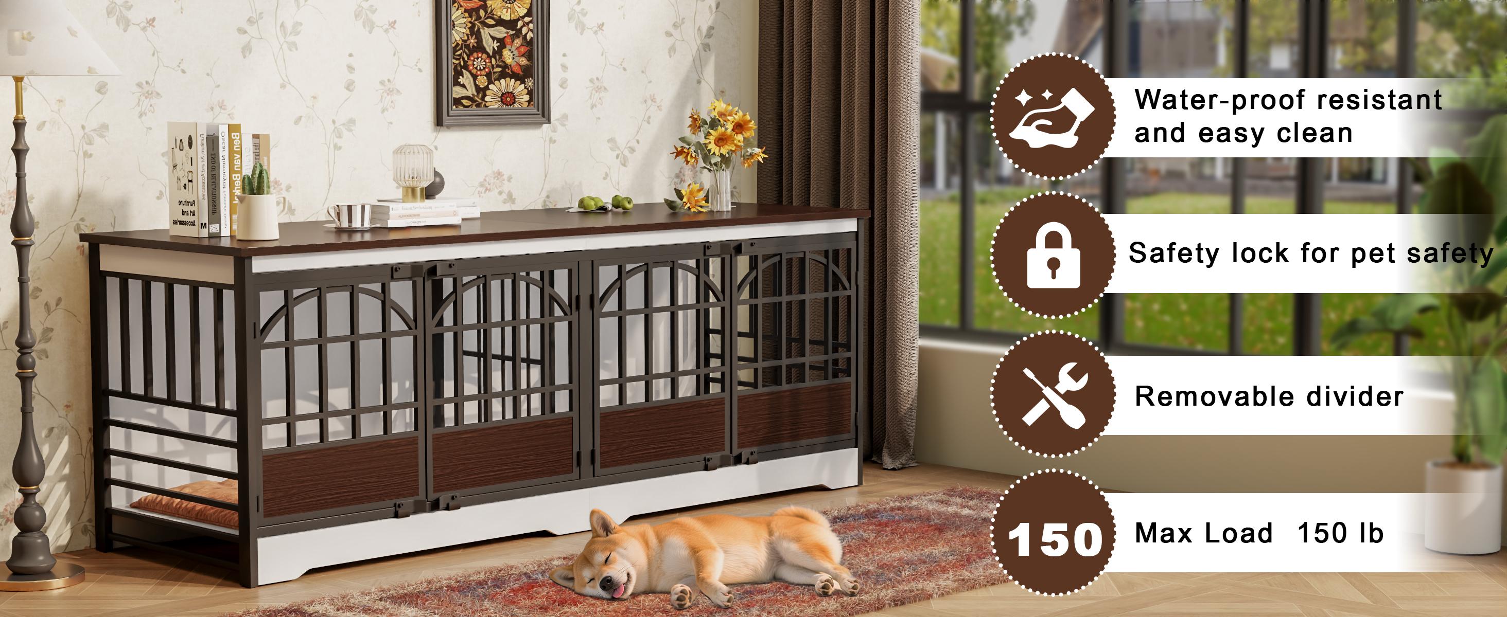 COZPAW 86 Inch Double Dog Crate Furniture for 2 Dogs, Decorative Dog Kennel Indoor TV Stand, Heavy Duty Wooden Dog Cage for Large Medium Dogs Sized Dog Pet House with Divider (Brown)