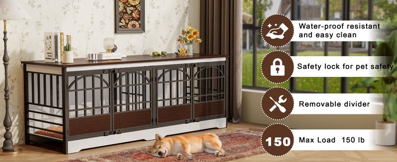 COZPAW 86 Inch Double Dog Crate Furniture for 2 Dogs, Decorative Dog Kennel Indoor TV Stand, Heavy Duty Wooden Dog Cage for Large Medium Dogs Sized Dog Pet House with Divider (Brown)