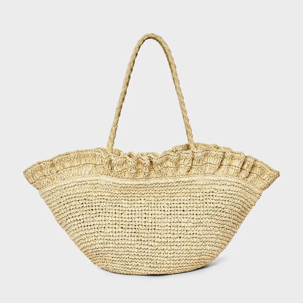 Straw Ruffle Crochet Fan Tote Bag - A New Day Natural