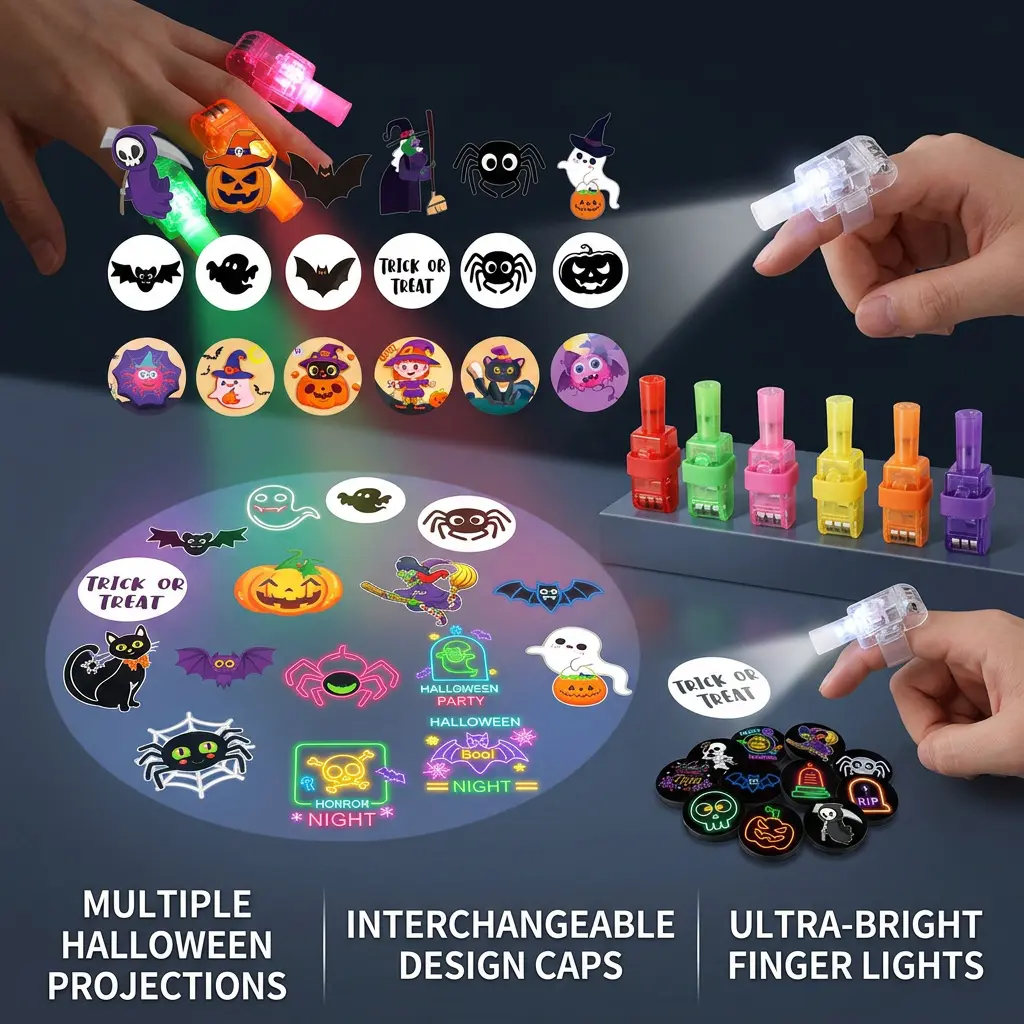 Halloween Projection Finger Lights, LED Glow Rings with Multiple Patterns, Fun Light Up Finger Toys for Kids, Halloween Party Favors & Gifts
