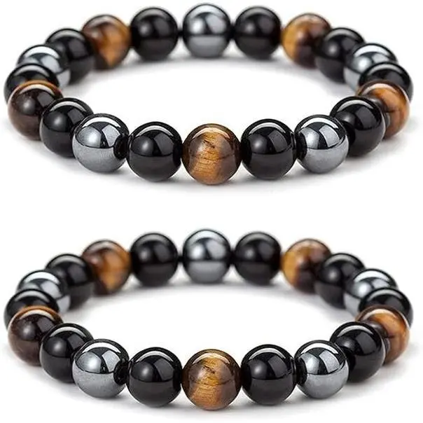2pcs Triple Protection Bracelet for Bring Luck and Prosperity Hematite Black Obsidian Tiger Eye Stone Bracelets for Men Women, Beaded Buddha Healing Rope Uni Bracelet (2pcs)