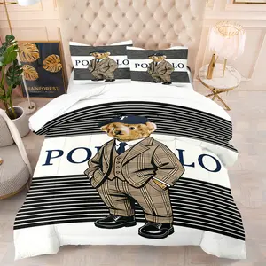 Teddy bear printed pattern bedding set, including 1 blanket and 1 or 2 pillowcases without pillowcases, soft children's or adult bedroom decoration gift