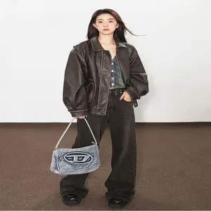 TRNDY LAB 2026 Spring Autumn Cool Handsome Soft Vintage Distressed Brown Pu Leather Jacket Women Long Sleeve Luxury Designer Clothing