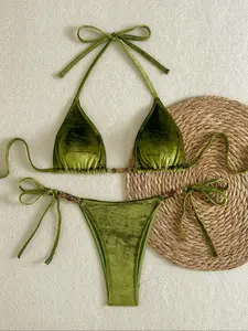 Women's Solid Color Velvet Halter, Casual Fashion Chic Swimwear for Beach Holiday Vacation, Ladies Swimsuit for All Seasons, Ruched Halter Swimsuit