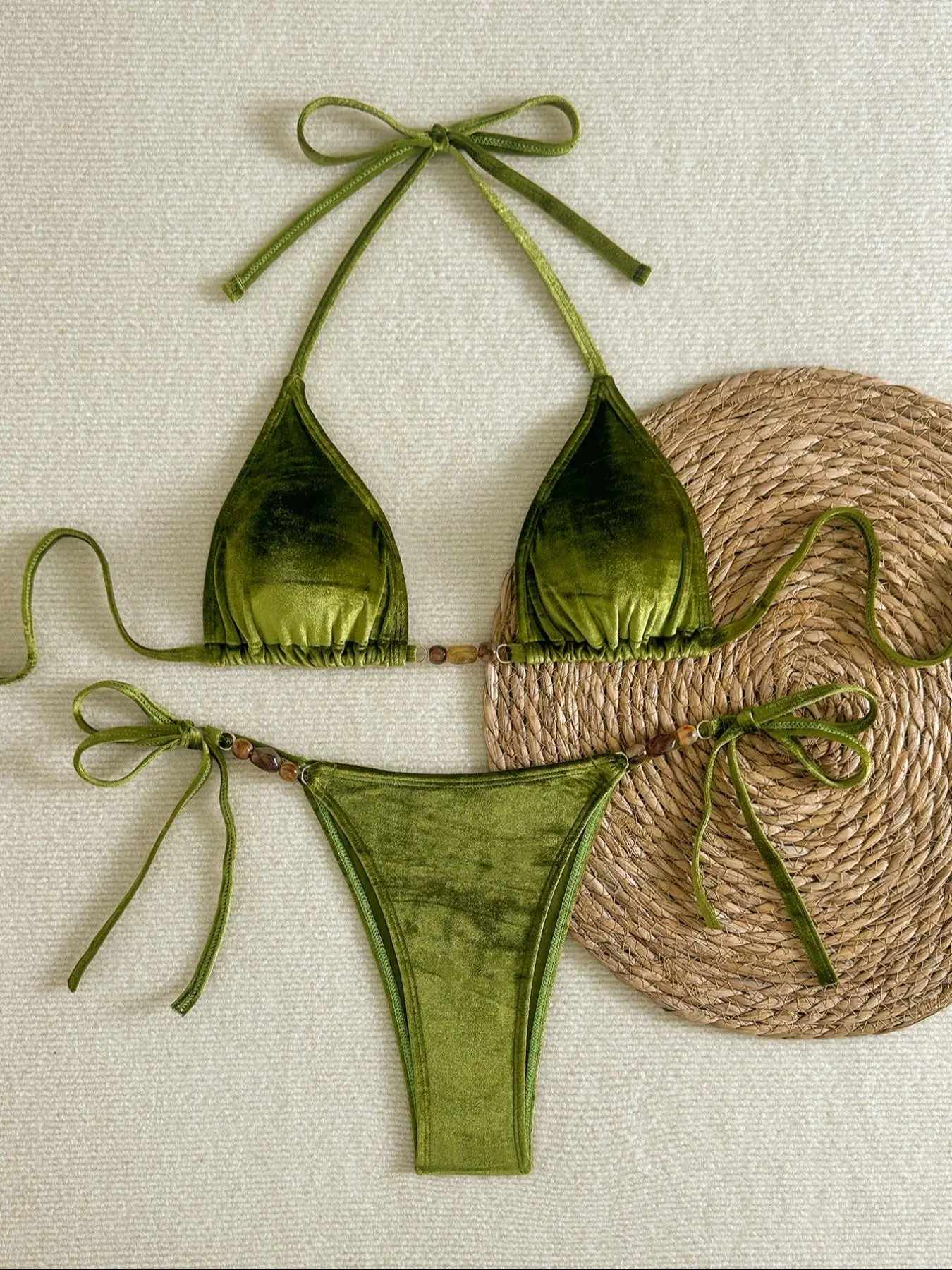 Women's Solid Color Velvet Swimsuit, Casual Fashion Chic Swimwear for Beach Holiday Vacation, Ladies Swimsuit for All Seasons