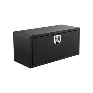 Black steel underbody truck toolbox - heavy-duty lockable waterproof truck bed storage box - T-shaped handle for tool and equipment organization - smooth surface