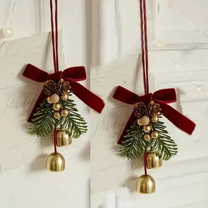 Set of 2 Red Velvet Bow Bells Pendants, Christmas Tree Sleigh Hanging Decorations, Thickened Alloy Electroplated Bell Pendants, Christmas Eve Gift Pendants.