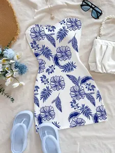 Women's Knit Printed Strapless Dress, summer stylish and elegant Boho sleeveless slim-fit versatile mini dress, ideal for vacation, travel and date outfits.