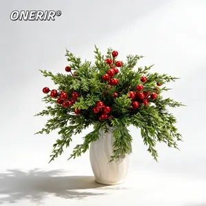 ONERIR Artificial Christmas Pine Picks with Red Berries Faux Cedar Sprigs with Frosted Greenery Fake Red Berry Stems for Christmas Tree Decor DIY Wreath Garland Holiday Home Table Centerpiece Decoration