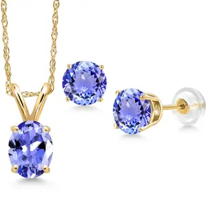 14K Yellow Gold Blue Tanzanite Pendant Earrings Jewelry Set For Women | 2.96 Cttw | Gemstone December Birthstone | Oval 8X6MM | with 18 Inch Chain