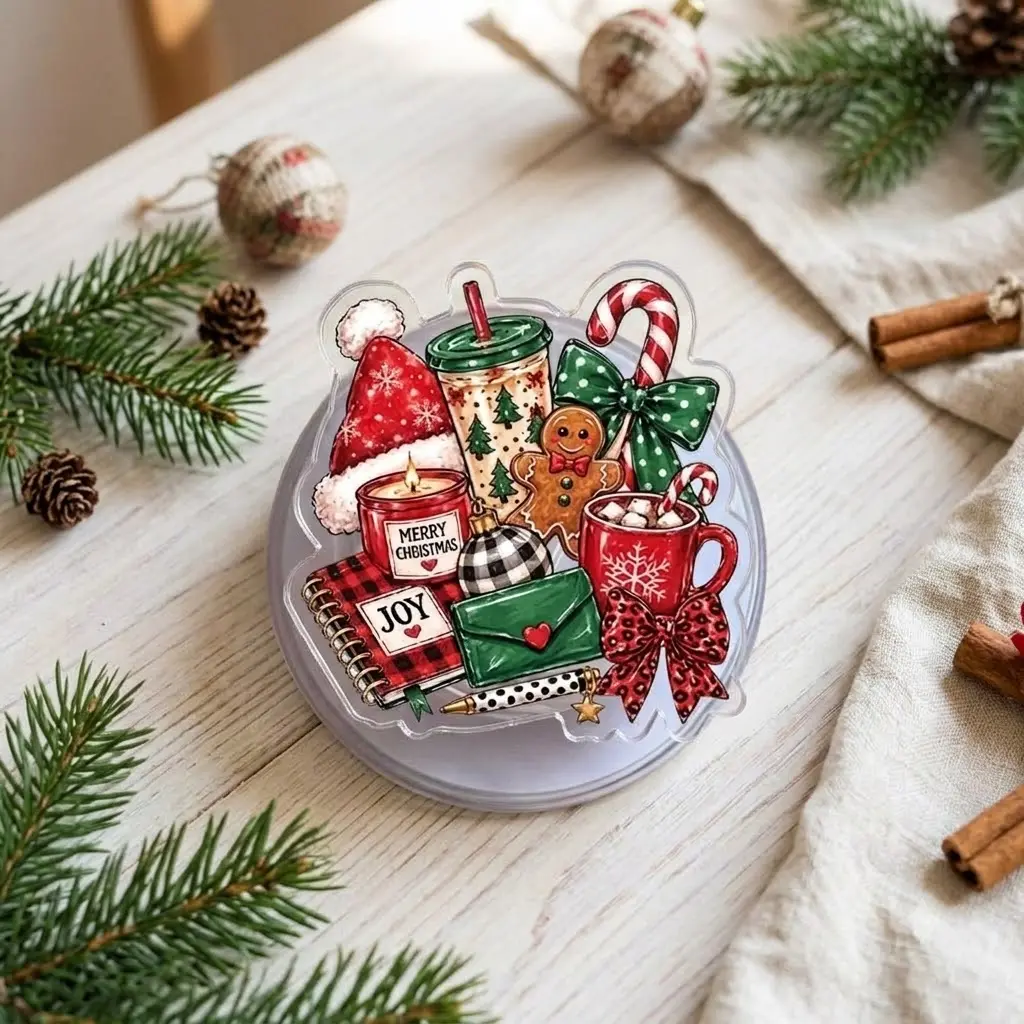 Christmas Elements Collage Phone Grip, Plaid Bow Hot Cocoa Mobile Stand, Cozy Festive Holiday Electronic Reader Holder Gift