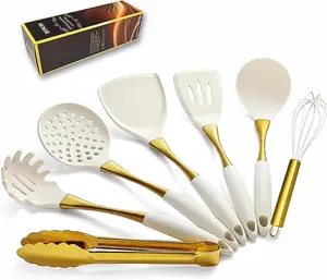 Elegant White Gold Silicone Cooking Utensils Set - Non-Toxic, Dishwasher Safe Kitchen Utensils Set with Heat Resistant Comfort Handles - Includes Spatula & Spoon for Nonstick Cookware