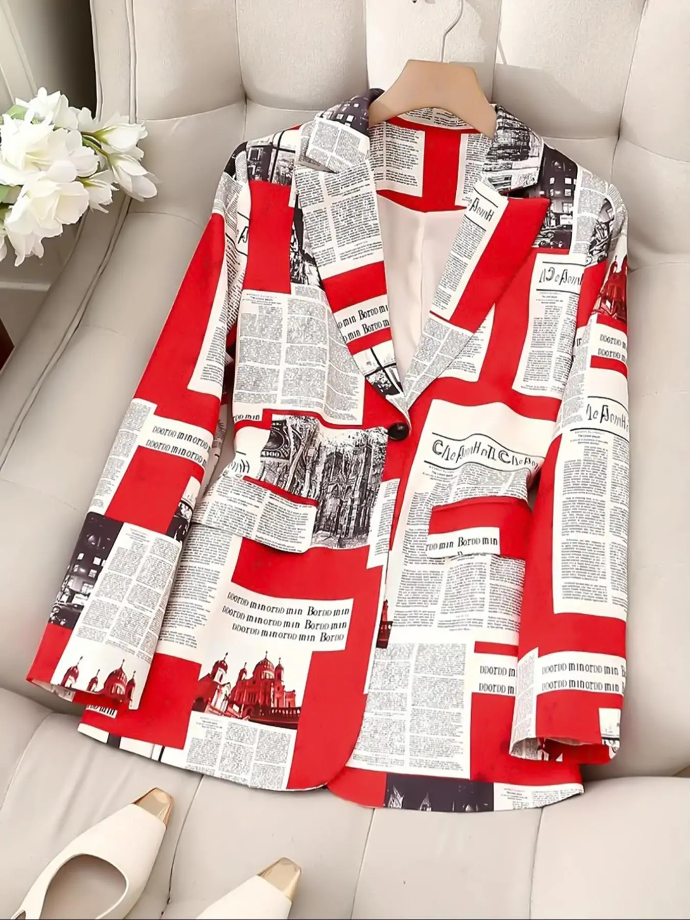 Women's   Newspaper Print  Button Trendy Womenswear, Casual Long Sleeve Outerwear for Spring, Ladies Clothes for Daily Wear