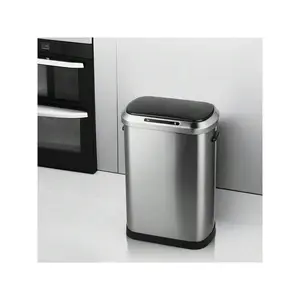 13 Gallon Automatic Touchless Trash Can With Lid, Motion Sensor Garbage Bin Container With Handles, Trash Wastebasket For Kitchen, Bathroom, Bedroom And Outdoor, Silver, Stainless Steel