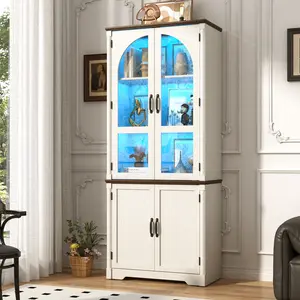 75" Tall Farmhouse Cabinet with LED Lights,Wood Storage Cabinet w Arched Glass Doors,Pantry Organizers and Storage,Rustic Wood Cupboard for Kitchen,Dining Room(Brown/White)