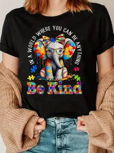 A women's slim-fitting short-sleeved crew-neck knit top made of knitted fabric with autism-awareness pictograms, puzzle patterns and the friendly slogan "Be nice to people" is suitable for year-round wear and comfort.