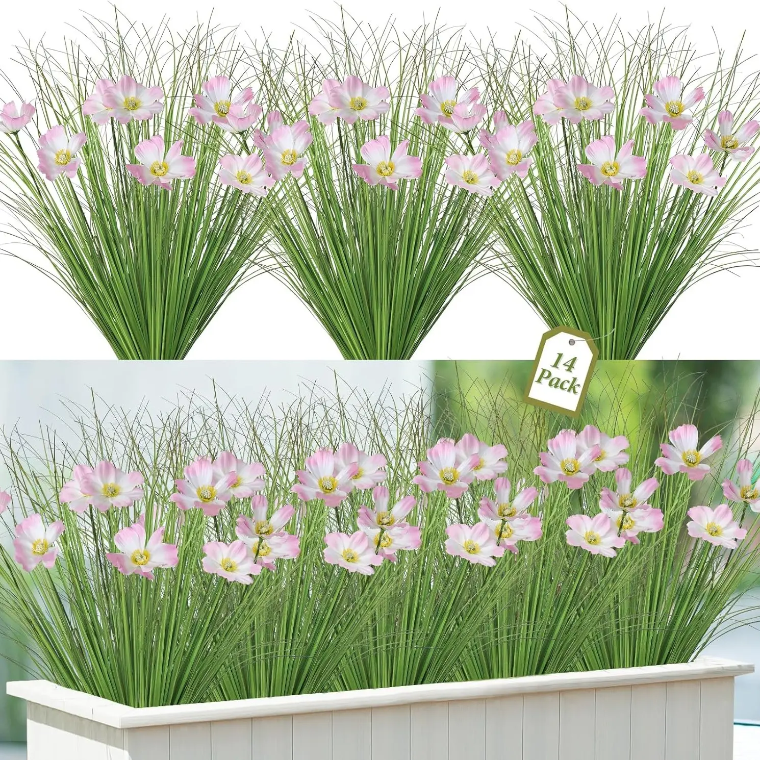 14 Bundles Artificial Flowers, Artificial Plants, Artificial Flower Bouquet for Outdoors Onion Grass UV Resistant Greenery Stems Artificial Shrubs Grass with Flowers Bushes Decoration for Indoor Outdoor Garden Office Home