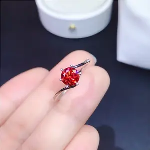 Platinum 925 Sterling Silver 1CT Pomegranate Red Moissanite Adjustable Ring