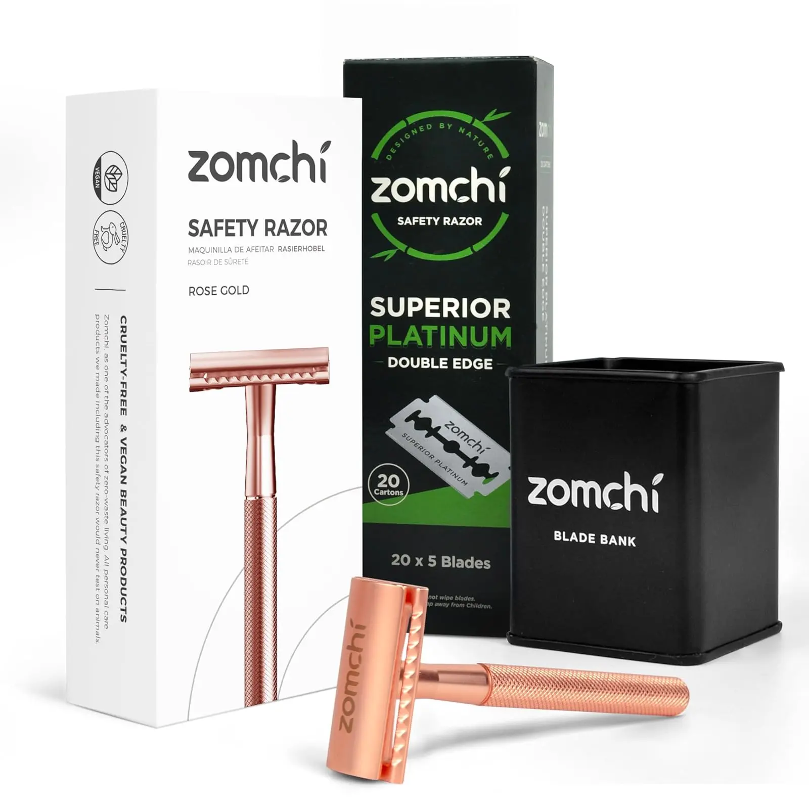 Rose Gold Double Edge Safety Razor for Women with 100 Counts Razor Blades and Razor Bank