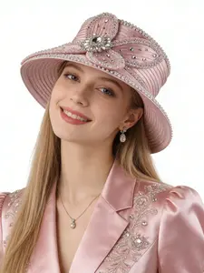 Elegant Women's Church Hat, Vintage Satin Rhinestone Charm Party Hat, Wedding Bridal Hat, Fashion Wide Brim Sun Hat, Sunday Church Hat
