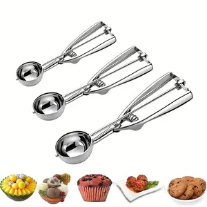 Stainless Steel 3pcs Cookie Scoop Set with Trigger Release, Ice Cream Scooper & Cupcake Scoop for Baking, Fruit Cookie Scoop & Siliver Kitchen Utensils S+M+L