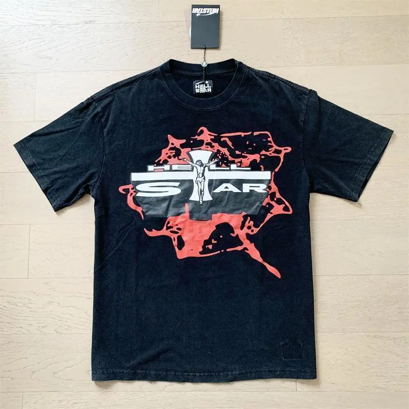 Hell Star INS same vintage printed top — men’s and women’s casual trend cotton washed short-sleeve crewneck oversized streetwear for summer Hell Star INS same vintage printed top — men’s and women’s casual trend cotton washed short-sleeve crewneck oversized streetwear for summer