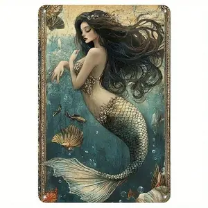Vintage Mermaid Girl Art Aluminum Metal Sign Retro Wall Decor for Home Bar Cafe Restaurant 8x12 Inch Durable Weatherproof